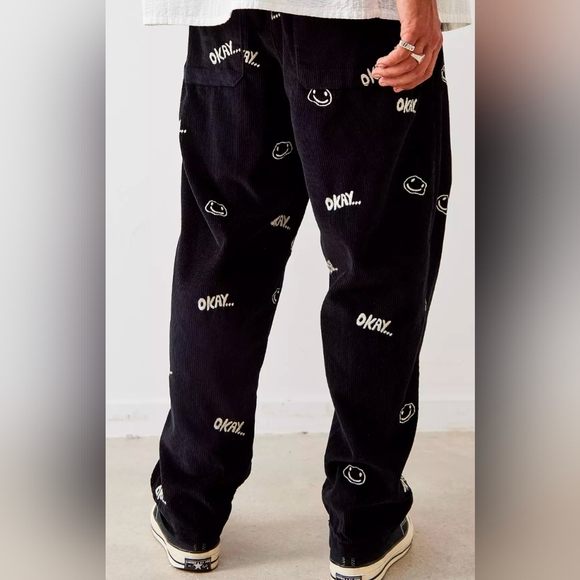 UO Smiley Faces Embroidered Corduroy Black Pants Unisex Size Small NWOT - Picture 2 of 12